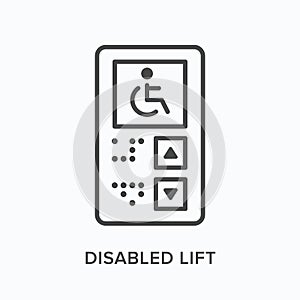 Disabled lift flat line icon. Vector outline illustration of wheelchair. Black thin linear pictogram for elevator panel