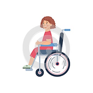 Disabled little girl in wheelchair, cartoon vector illustration isolated.