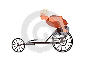 Disabled male character with amputated legs ride on wheelchair racing vector flat illustration. Paralympic athlete