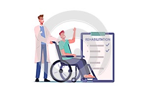 Disabled Male Character Riding Wheelchair with Nurse or Doctor Therapist Assistance. Man Patient in Traumatology Clinic