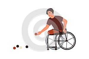 Disabled male playing petanque sitting in wheelchair vector flat illustration. Paralympic athlete with amputated legs