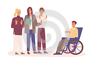 Disabled man with cv in wheelchair trying to find job vector flat illustration. Employers rejected resume of handicapped
