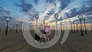 Disabled man and his wife in desert surrounded by timelapse clocks against sunrise