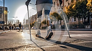 Disabled man with prosthesis legs and crutches walking on the street in city. Generative AI