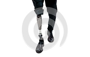 Cropped view of Disabled man with prosthetic leg, isolated on white background