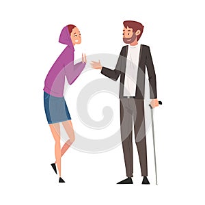 Disabled Man with Walking Cane Meeting and Having Good Time with His Friend, Person Enjoying Full Life Vector