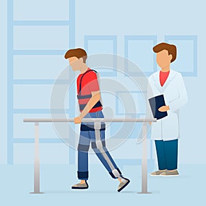 Disabled man walking with medical exoskeleton near the doctor. Rehabilitation. Vector.