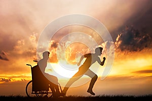 Disabled man in a wheelchair dreaming of running