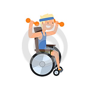 Disabled man in wheelchair exercising with dumbbells, medical rehabilitation, remedial gymnastics vector Illustration on photo