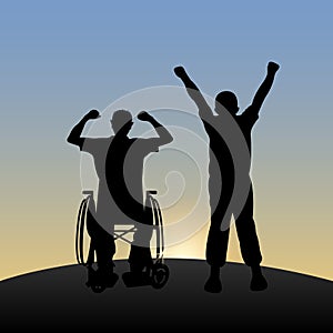 a disabled man in a wheelchair, with a friend, rejoice at the dawn, raised their hands.