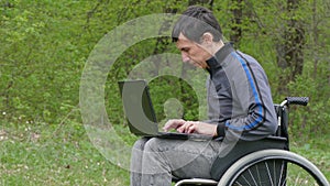 Disabled man wheelchair with laptop working on nature green background