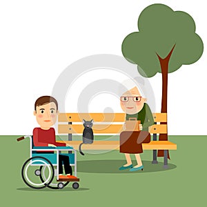 Disabled man on wheelchair in park