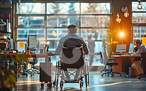 Disabled man in wheelchair working at desk. Generative AI