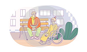 Disabled man and woman walking and communicating outdoors