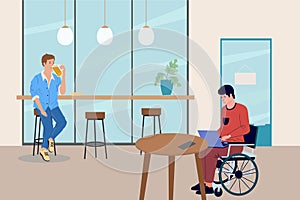 Disabled man working in cafe. Freelance job. Guy sitting in wheelchair. Person at laptop. Restaurant accessibility for