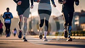 Disabled marathon running race, people with prosthesis feet on city road at early morning. Generative AI