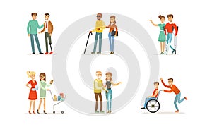 Disabled and Old People and Friends Helping Them Vector Illustrations