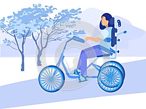 Disabled Paralyzed Woman Character Cycling in Park