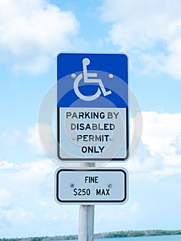 Disabled Parking Permit Sign $250 Fine on Blue Sky in the State of Florida