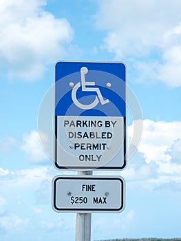 Disabled Parking Permit Sign $250 Fine on Blue Sky in the State of Florida
