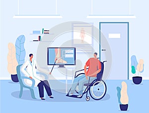 Disabled patient in wheelchair, hospital doctor consultation, vector illustration