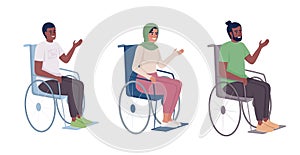 Disabled patients in wheelchairs semi flat color vector characters set