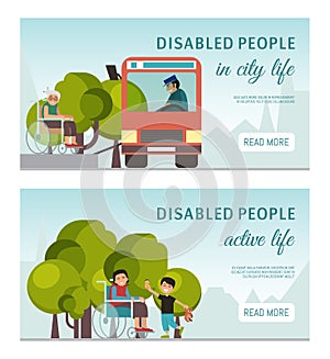 Disabled peolple active life banner handicapped children old people in wheelchair vector illustration. Disability care