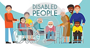 Disabled peolple active life banner handicapped children old people in wheelchair vector illustration. Disability care