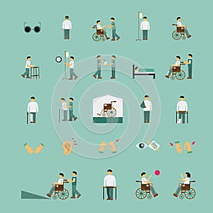 Disabled people care help flat icons set