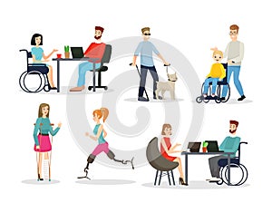 Disabled people flat characters set. Full-fledged life concept. Handicapped men and women with special needs vector