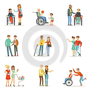 Disabled people and friends helping them set for label design. Cartoon detailed colorful Illustrations