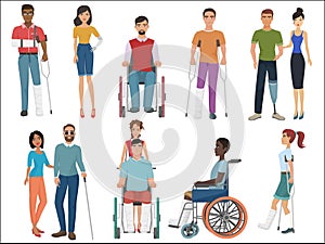 Disabled people with friends helping them set. Vector illustration.