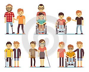 Disabled people and friends helping them vector set