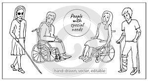 Disabled People. Hand-drawn doodle set. People with special needs.
