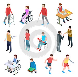Disabled people isometric. Persons with injury in wheelchair, with prosthetic limbs, blind and elderly people. Vector