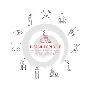 Disabled People line icons set isolated. Care Help and Accessibility. Vector illustration