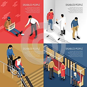 Disabled people in public transport person needing help artificial limbs isometric concept isolated
