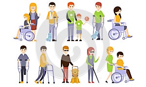 Disabled People Set, Blind, Deaf, Injured and Handicapped Persons with Friends Helping Them Vector Illustration