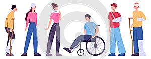 Disabled people set. Men and women with crutches