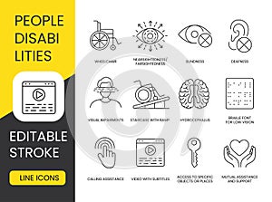 Disabled people set vector line icons with editable stroke, wheelchair and blindness, farsightedness and myopia