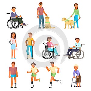 Disabled people vector flat isolated icon set