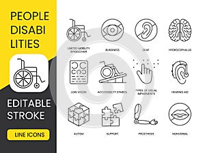 Disabled people, vector line icon set with editable stroke, person in wheelchair and blindness, hearing loss and