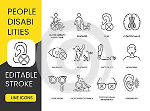 Disabled people, vector line icons set with editable stroke, wheelchair and cane, guide dog, and hearing aid, sign