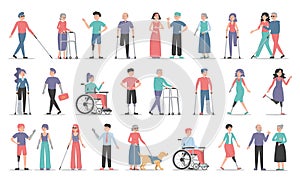 Disabled people vector set. Characters with disability