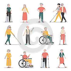 Disabled people vector set. Characters with disability