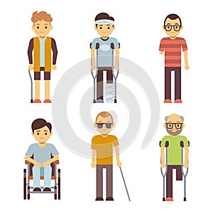 Disabled people vector set. Old and young invalid persons