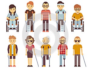 Disabled people vector set. old and young invalid persons isolated on white background