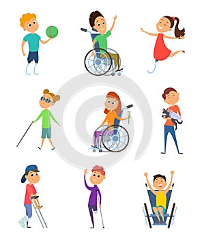 Disabled people. Wheelchair for kids. Children with disability. Vector characters in cartoon style photo