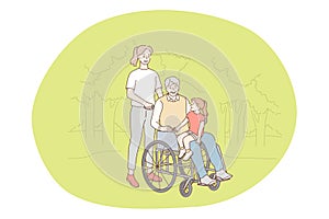 Disabled people on wheelchair living happy active lifestyle concept