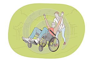 Disabled people on wheelchair living happy active lifestyle concept